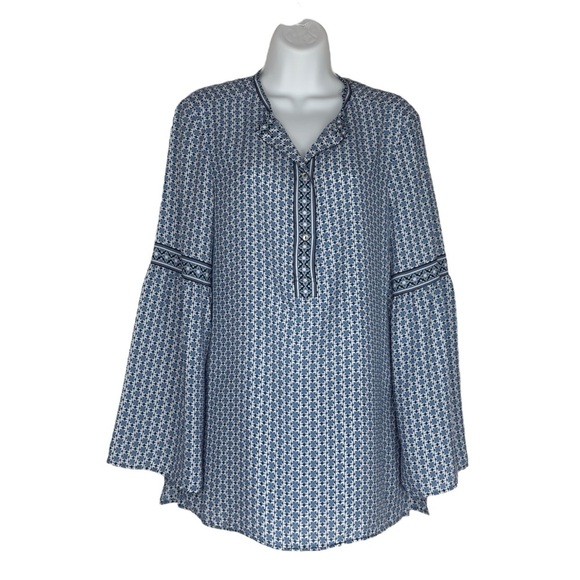 Max Studio Boho Blue and White Long Bell Sleeve Tunic Peasant Top Medium - Picture 11 of 11